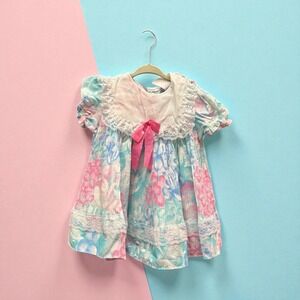 Adorable Girls‎ Floral Pleated Dress Lace Collar Pink Blue Flowers 2T vintage